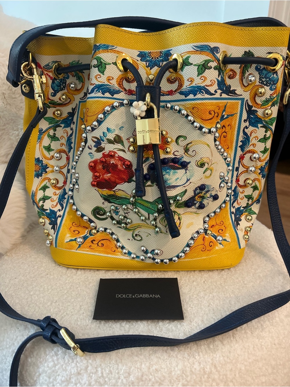 Dolce & Gabbana Yellow Floral Crystal-Embellished Drawstring Crossbody